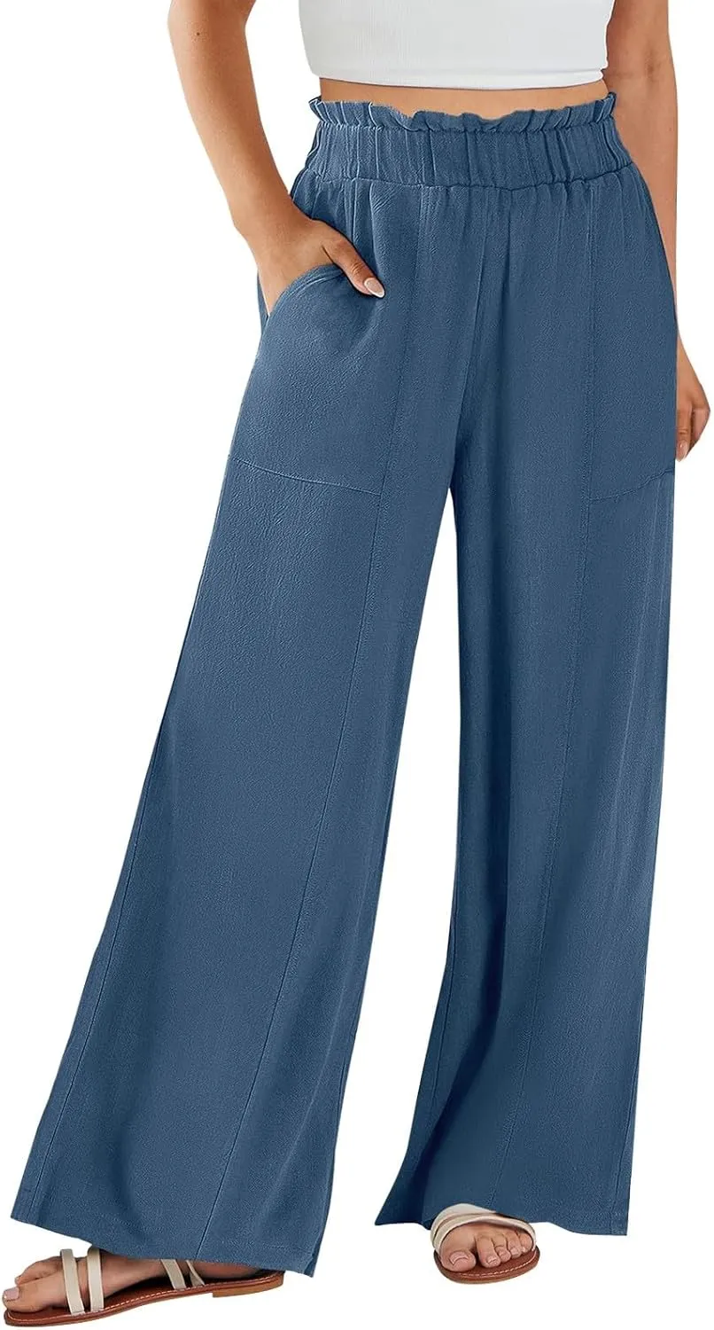 Women Linen Pants Summer Wide Leg Pants with Pockets Ruffle Palazzo Pants Flowy Boho Beach Pants Lounge Pant