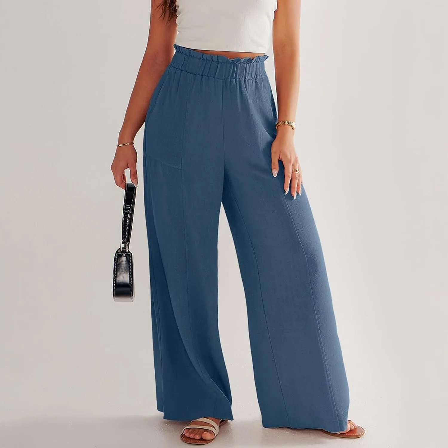 Women Linen Pants Summer Wide Leg Pants with Pockets Ruffle Palazzo Pants Flowy Boho Beach Pants Lounge Pant