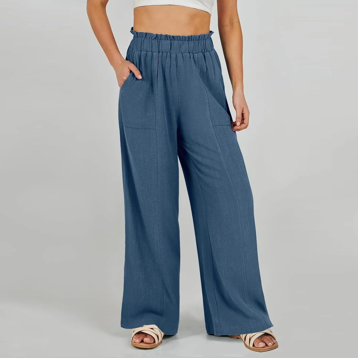 Women Linen Pants Summer Wide Leg Pants with Pockets Ruffle Palazzo Pants Flowy Boho Beach Pants Lounge Pant