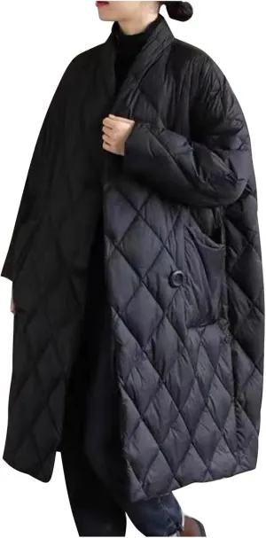 Women Long Baggy Winter Puffer Coats Collarless Cotton-Padded Jacket Button Long Sleeve Pockets Warm Quilted Outerwear