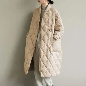 Women Long Baggy Winter Puffer Coats Collarless Cotton-Padded Jacket Button Long Sleeve Pockets Warm Quilted Outerwear
