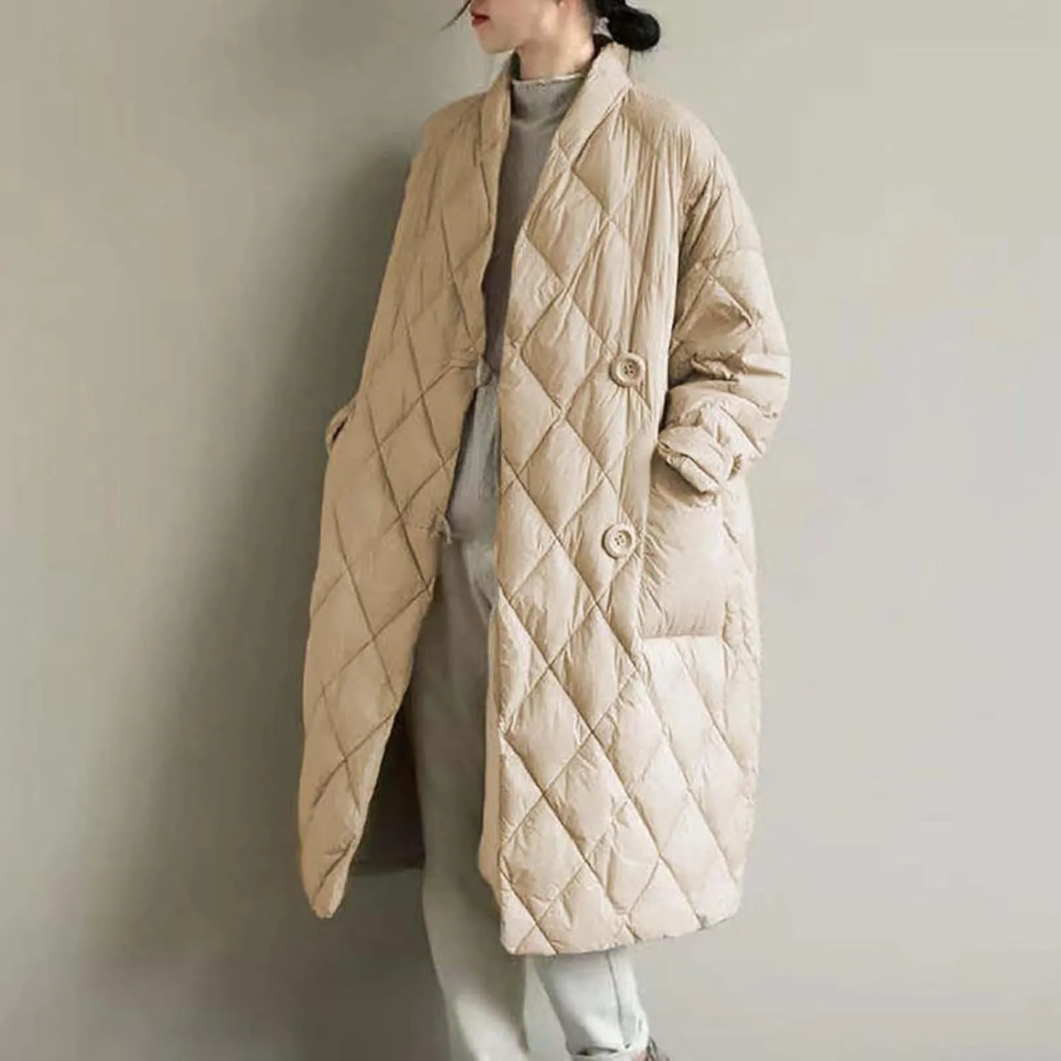Women Long Baggy Winter Puffer Coats Collarless Cotton-Padded Jacket Button Long Sleeve Pockets Warm Quilted Outerwear