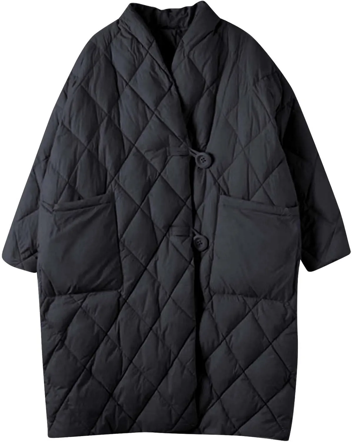 Women Long Baggy Winter Puffer Coats Collarless Cotton-Padded Jacket Button Long Sleeve Pockets Warm Quilted Outerwear