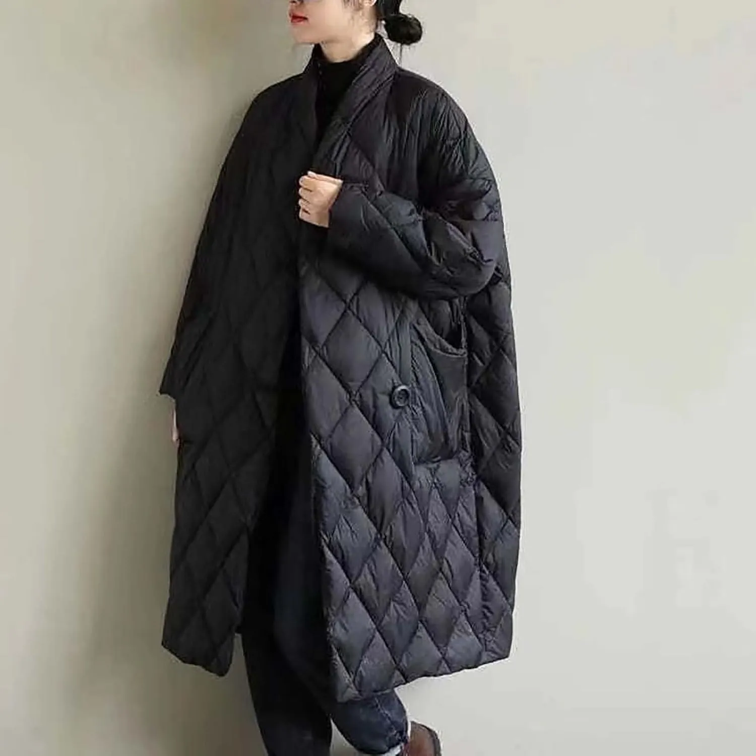 Women Long Baggy Winter Puffer Coats Collarless Cotton-Padded Jacket Button Long Sleeve Pockets Warm Quilted Outerwear