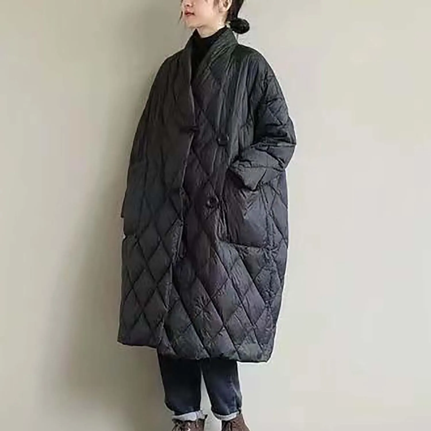 Women Long Baggy Winter Puffer Coats Collarless Cotton-Padded Jacket Button Long Sleeve Pockets Warm Quilted Outerwear