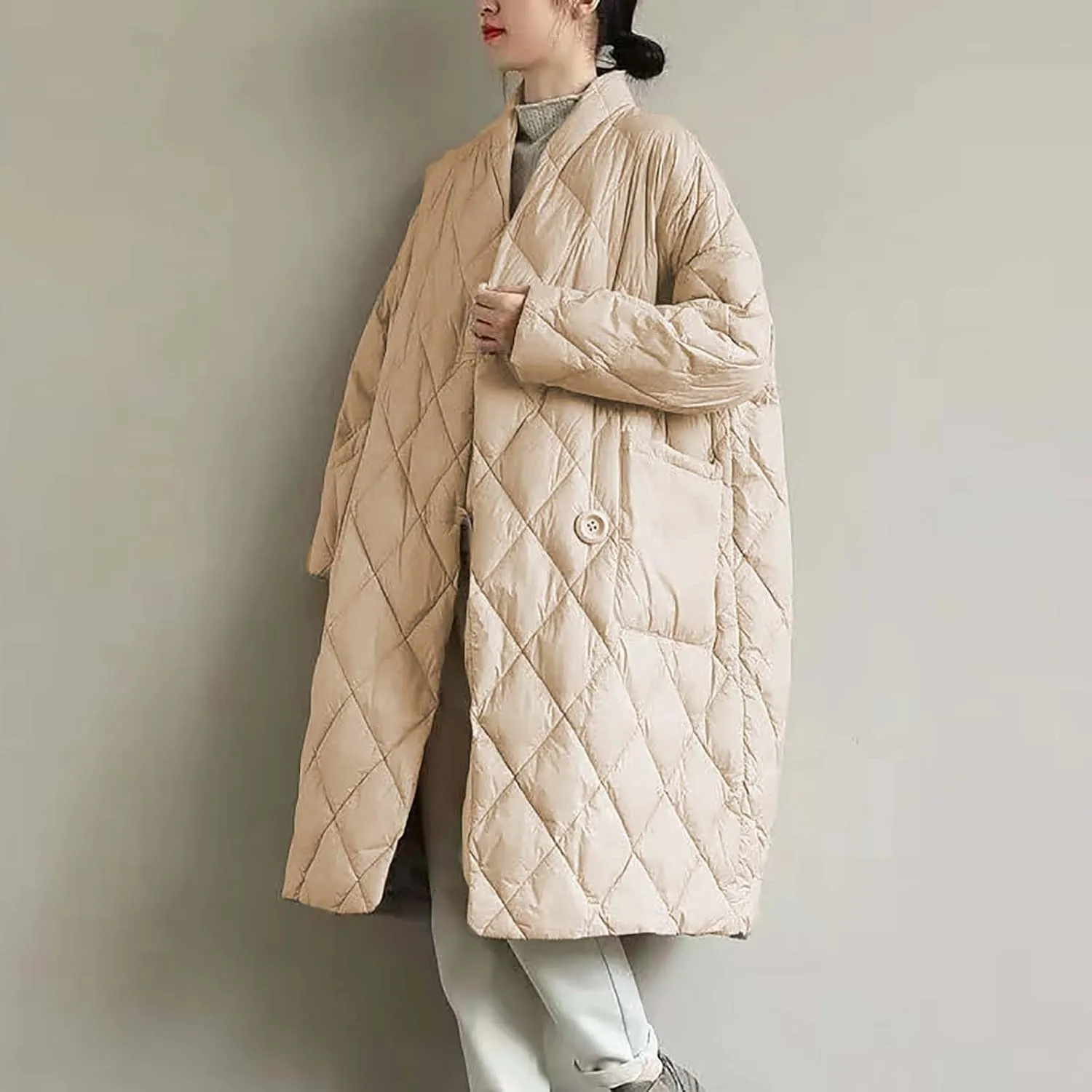 Women Long Baggy Winter Puffer Coats Collarless Cotton-Padded Jacket Button Long Sleeve Pockets Warm Quilted Outerwear
