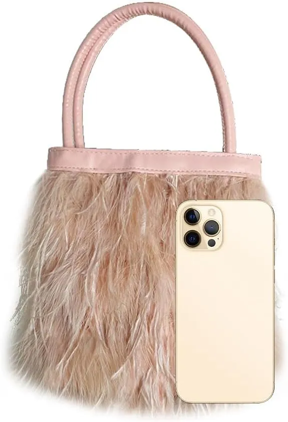 Women Ostrich Feather Purse Tote Bag Fluffy Purse Clutch Feather Evening Handbag Purses and Clutches for Wedding Party Pink