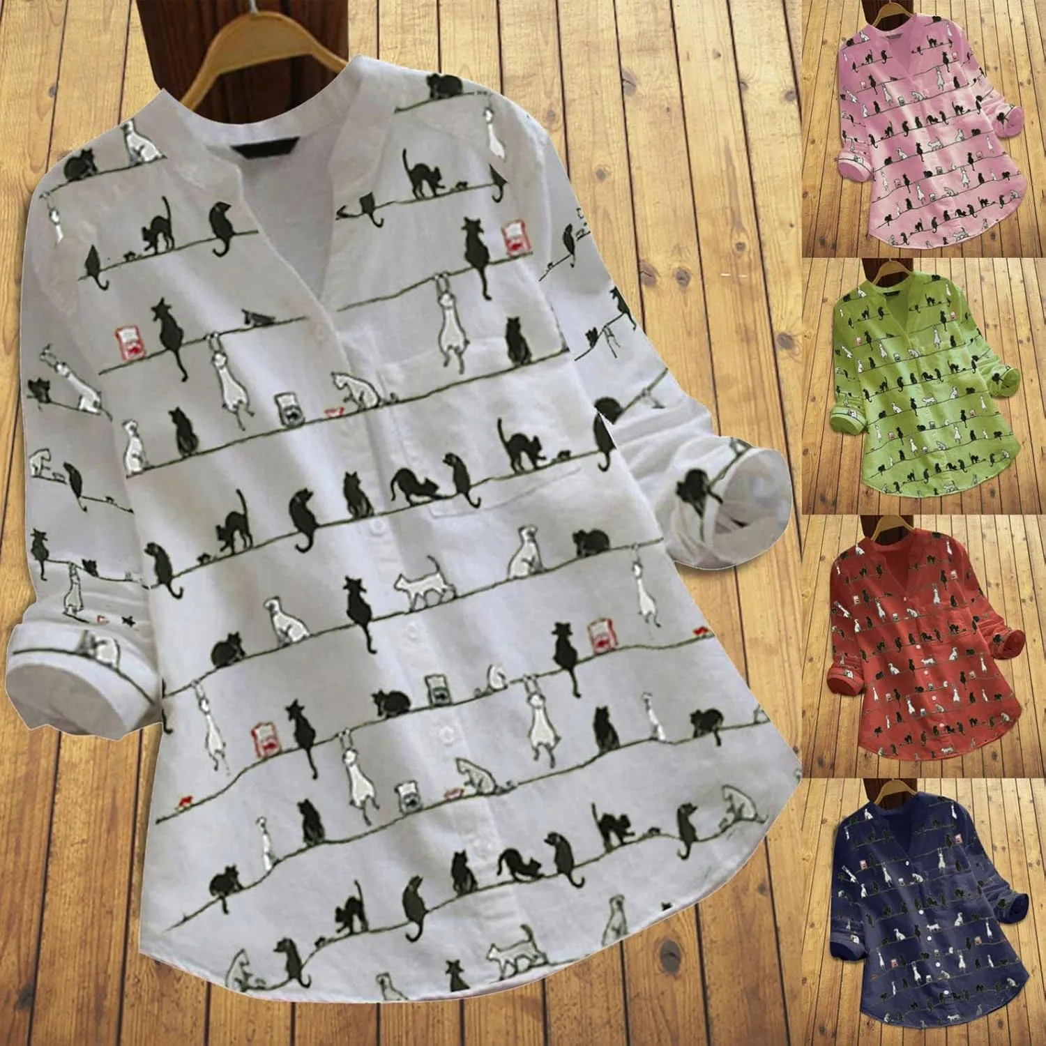 Women Summer 3/4 Sleeve Shirts Button Down Loose Fit Blouse Fashion Cat Print T-Shirts Plus Size Loose Tops