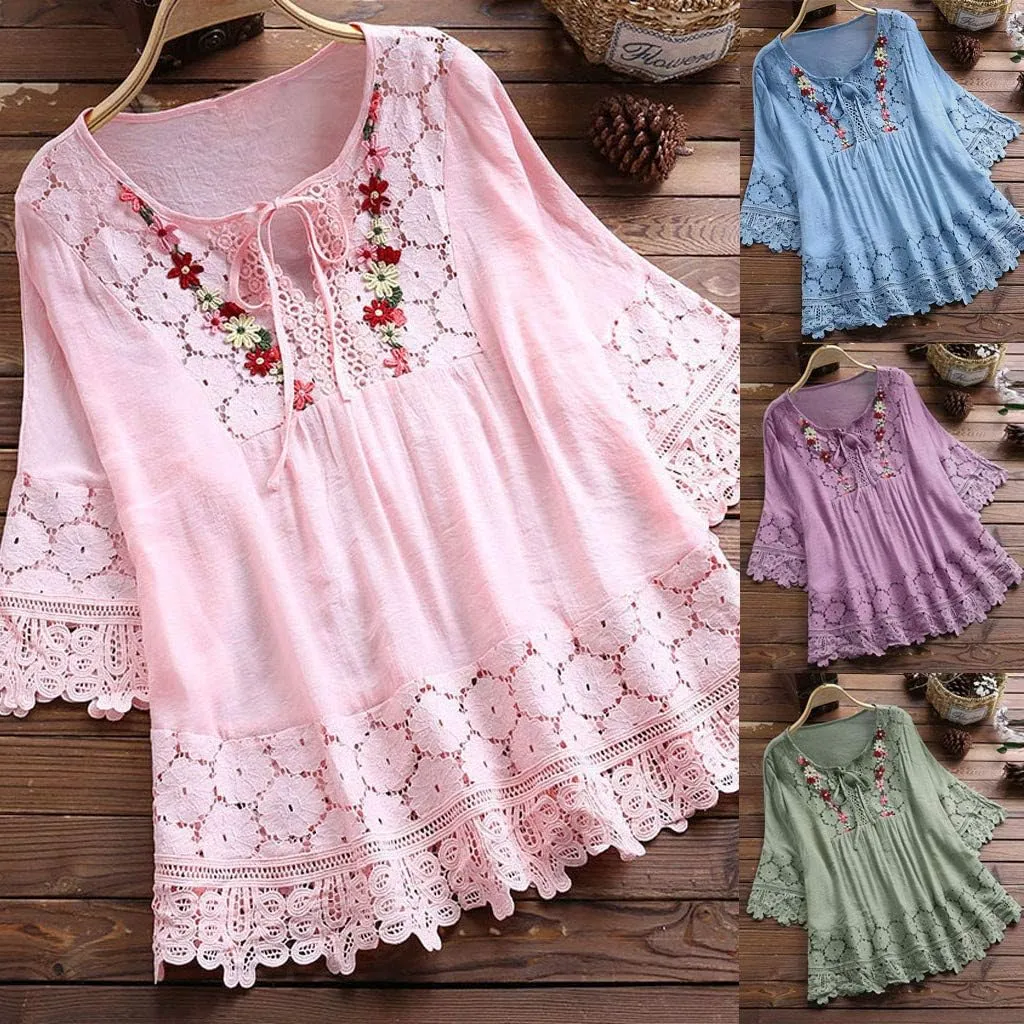 Women Summer 3/4 Sleeve Shirts Button Down Loose Fit Blouse Fashion Cat Print T-Shirts Plus Size Loose Tops