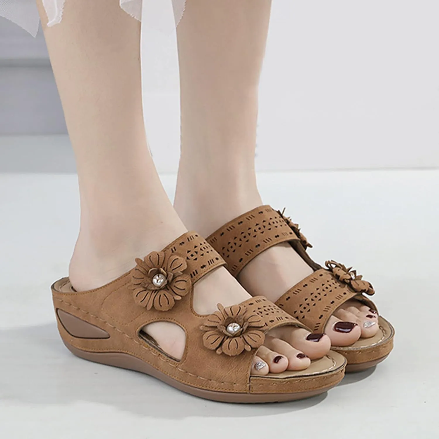 Women Summer Flowers Casual Open Toe Wedges Massage Soft Bottom Slippers Breathable Slip On Shoes Sandals Women's