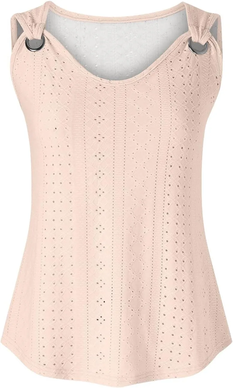 Women Tank Tops Summer Sleeveless Basic Cami Top Shirt Slim Knit Ribbed Vest Eyelet Blouses Trendy Outfits