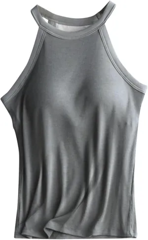 Women Tank Tops with Built in Bras Casual Basic Racerback Ribbed Shirts Sleeveless High Neck Slim Fit Tops