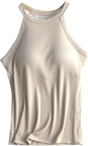 Women Tank Tops with Built in Bras Casual Basic Racerback Ribbed Shirts Sleeveless High Neck Slim Fit Tops