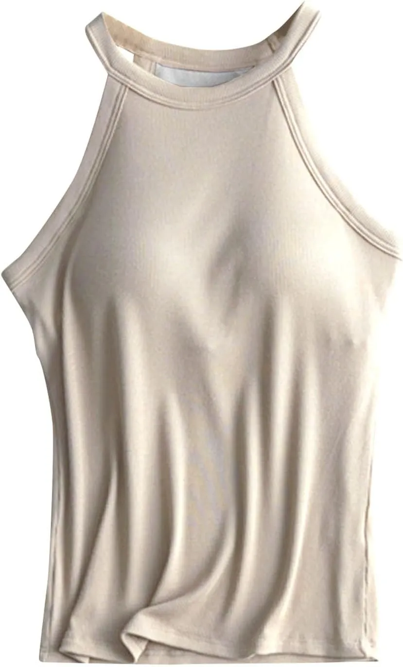 Women Tank Tops with Built in Bras Casual Basic Racerback Ribbed Shirts Sleeveless High Neck Slim Fit Tops