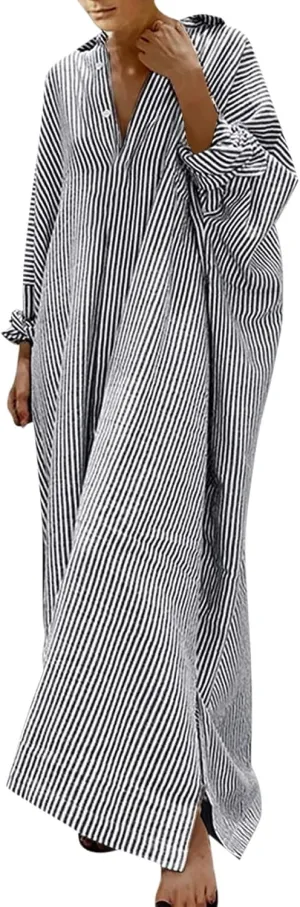 Women's 2025 Summer Striped Dress Casual Sleeveless V Neck Shoulder Cotton Linen Loose Fit Split Maxi Dresses