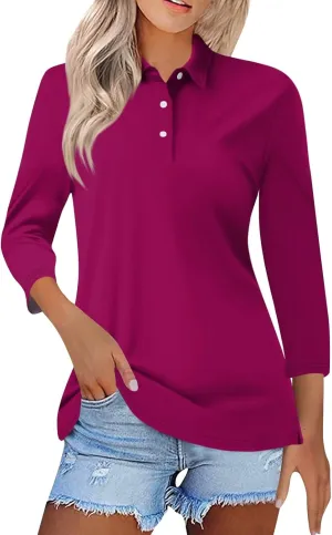Womens 3/4 Sleeve Tops V Neck Work Polo Shirts Dressy Casual Striped Blouses Three Quarter Length Tunic Tops