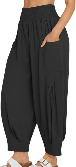 Women's Baggy Harem Pants Comfy Loose Summer Pants High Waisted Boho Beach Pants Trendy Travel Pants with Pockets