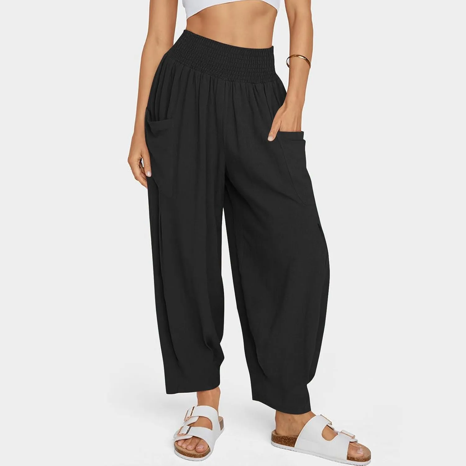 Women's Baggy Harem Pants Comfy Loose Summer Pants High Waisted Boho Beach Pants Trendy Travel Pants with Pockets