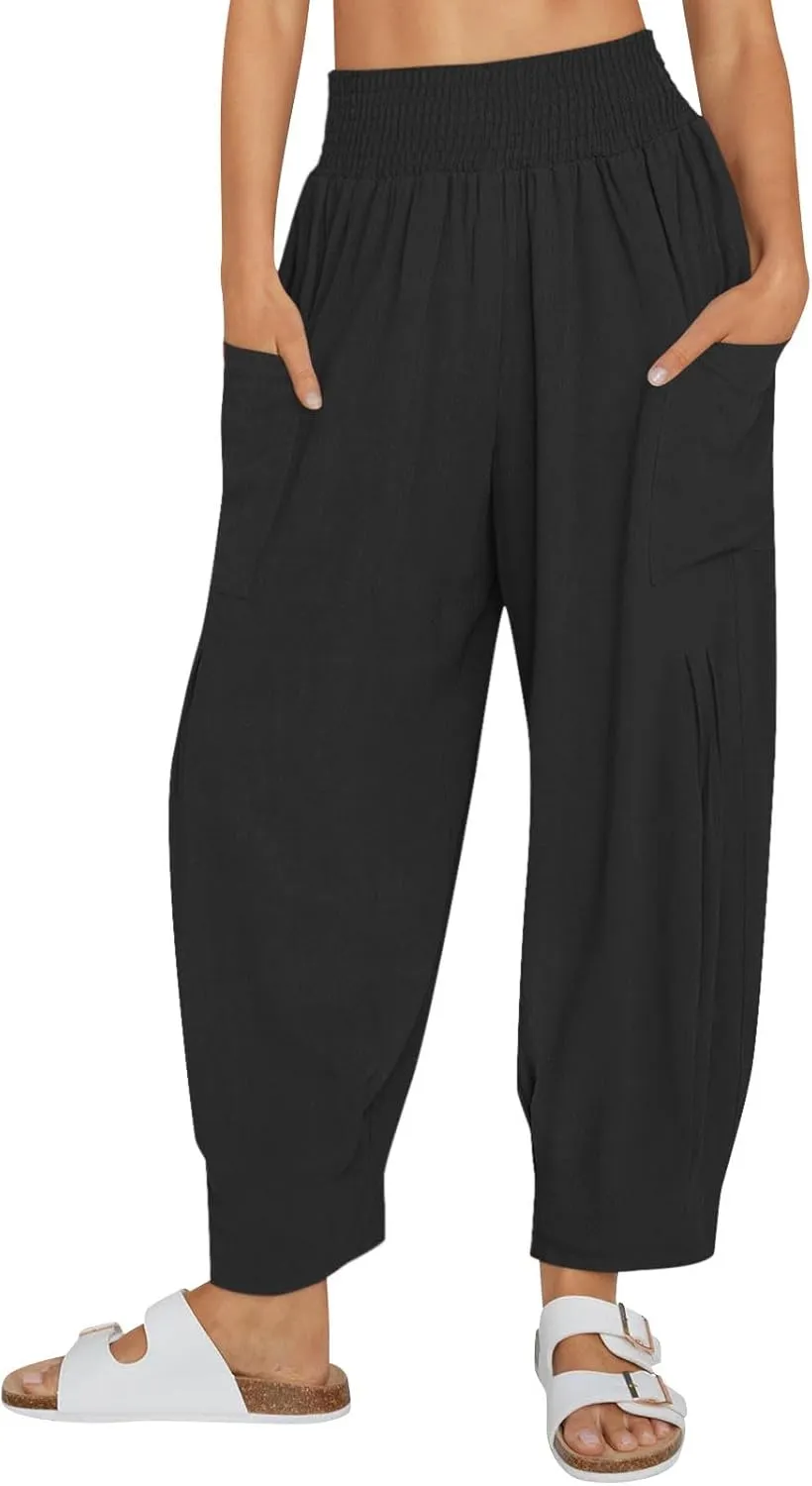 Women's Baggy Harem Pants Comfy Loose Summer Pants High Waisted Boho Beach Pants Trendy Travel Pants with Pockets