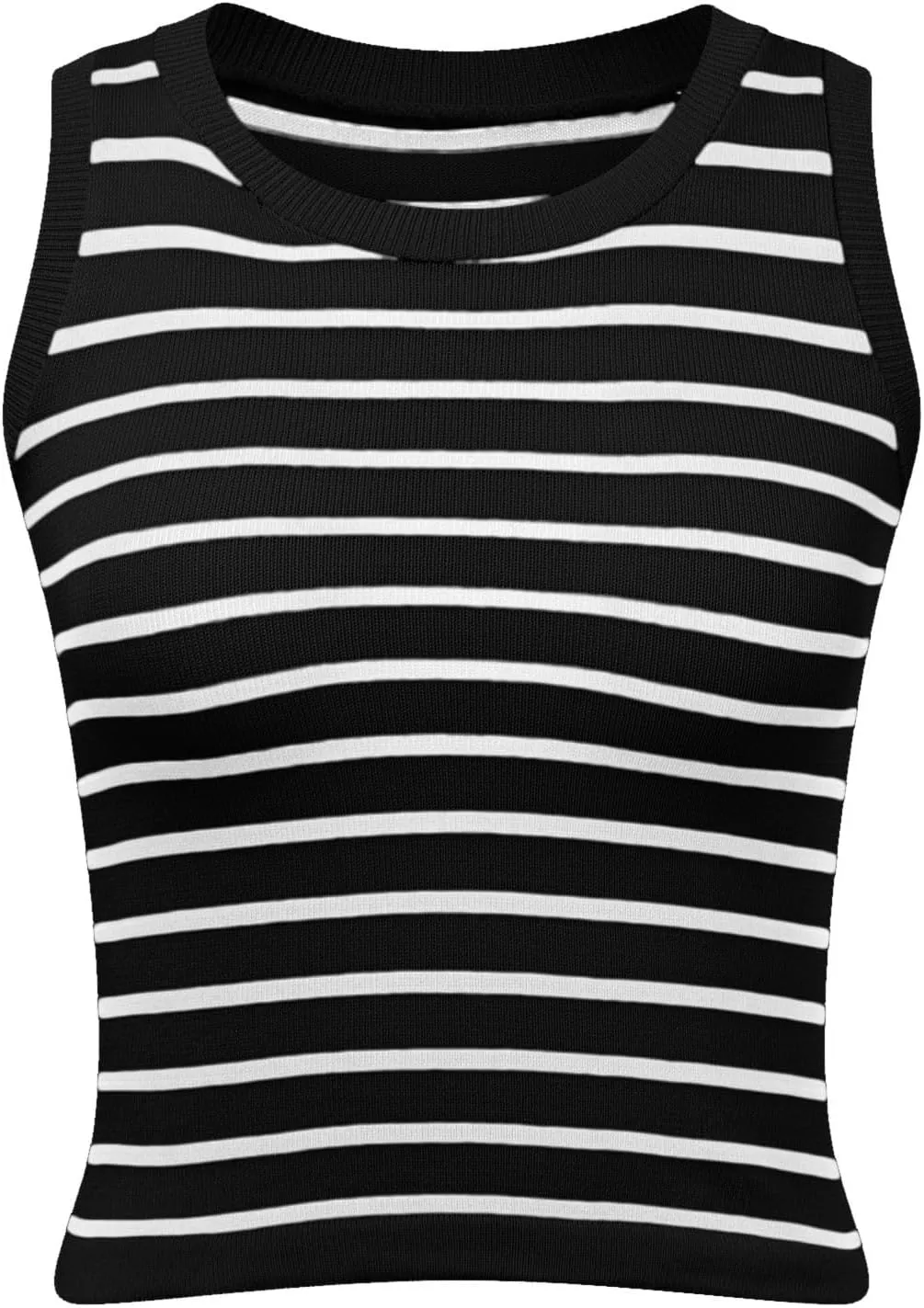Womens Basic Tops 2025 Summer High Round Neck Striped Printed Knit Tank Tops Slim Fit Casual Sleeveless Going Out Top