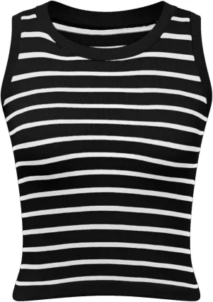 Womens Basic Tops 2025 Summer High Round Neck Striped Printed Knit Tank Tops Slim Fit Casual Sleeveless Going Out Top