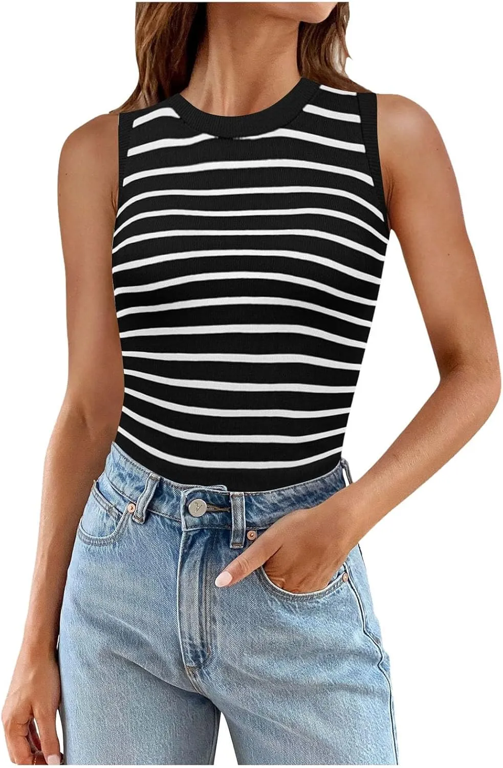Womens Basic Tops 2025 Summer High Round Neck Striped Printed Knit Tank Tops Slim Fit Casual Sleeveless Going Out Top