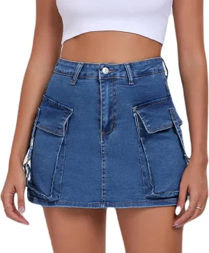 Women's Cargo Skort High Waisted Cargo Shorts Button Bodycon Mini Y2K Denim Cargo Skirt Shorts with Pocket