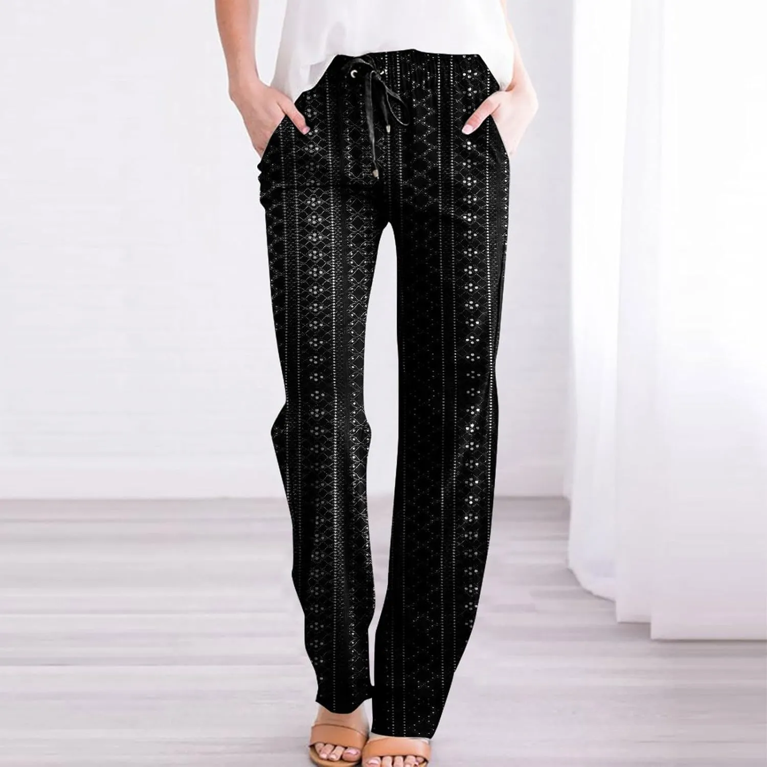 Womens Casual Linen Pants Comfy Soft High Waist Pants Drawstring Loose Fit Pants Summer Pants Trousers with Pockets