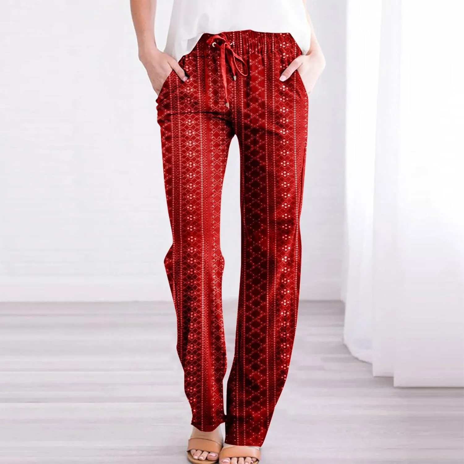 Womens Casual Linen Pants Comfy Soft High Waist Pants Drawstring Loose Fit Pants Summer Pants Trousers with Pockets
