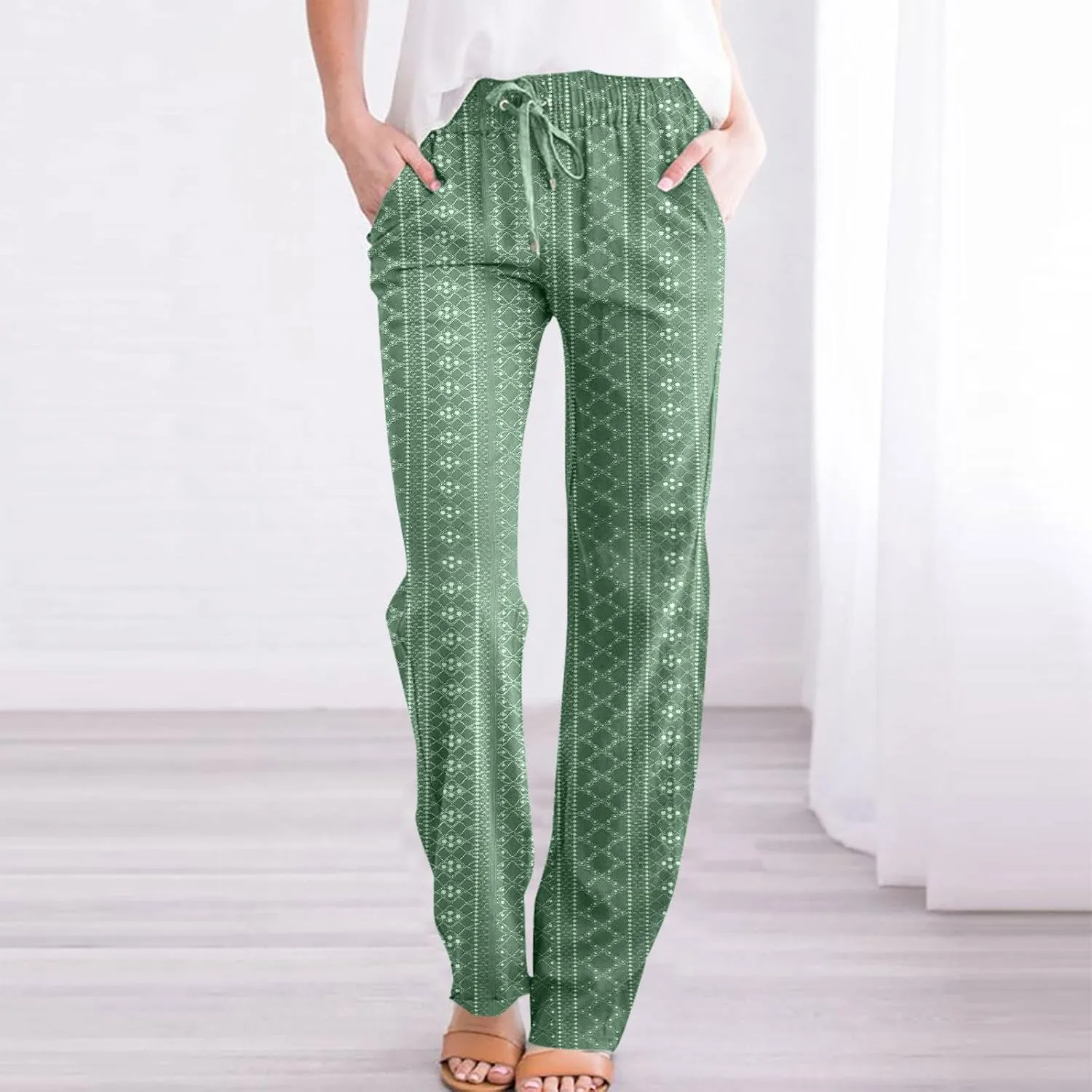 Womens Casual Linen Pants Comfy Soft High Waist Pants Drawstring Loose Fit Pants Summer Pants Trousers with Pockets