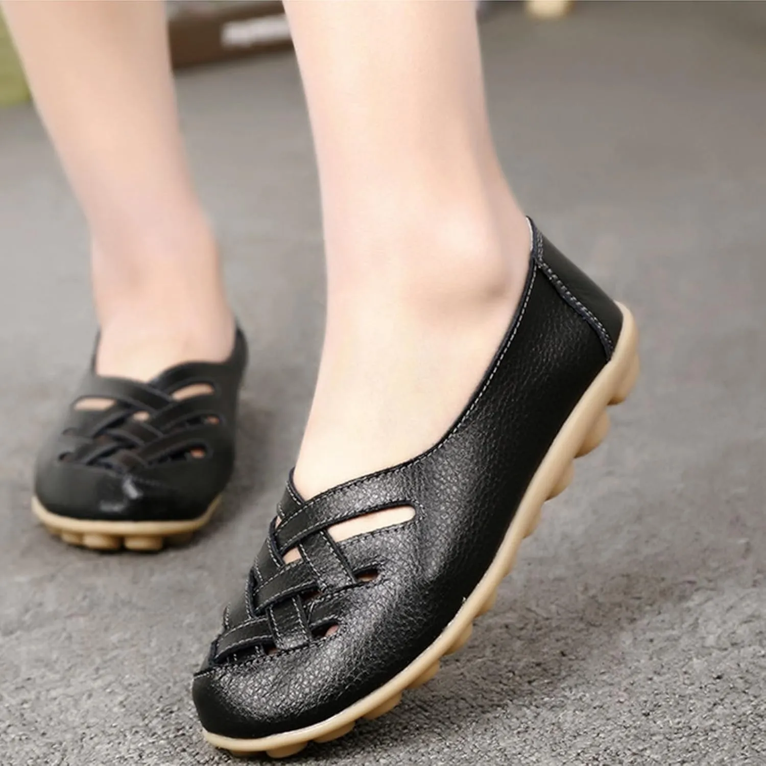 Women's Comfort Walking Casual Flat Loafer Orthopedic Loafers Breathable Leather Hollow Soft Flats Sandals Summer Slip On Cowhide Dressy Closed Toe Wide Width Moccasins Driving Work Shoe