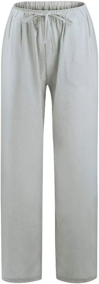 Women's Cotton Linen Palazzo Pants Wide Leg Beach Pants Summer Lightweight Pants Plus Size Lounge Pants with Pockets