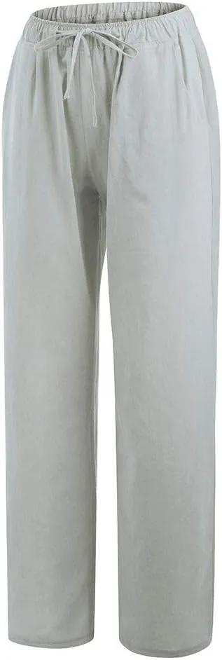 Women's Cotton Linen Palazzo Pants Wide Leg Beach Pants Summer Lightweight Pants Plus Size Lounge Pants with Pockets