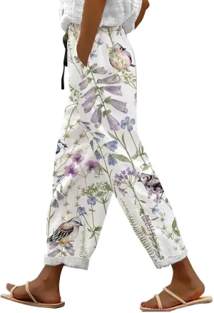Womens Cotton Linen Pants Drawstring Capri Pants with Pockets Wide Wide Straight Leg Pants Women Elastic Waist Pants