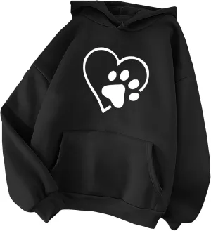 Womens Dog Paw Print Hoodies Cute Heart Graphic Sweatshirts Casual Loose Fit Long Sleeve Hooded Pocketed Pullover