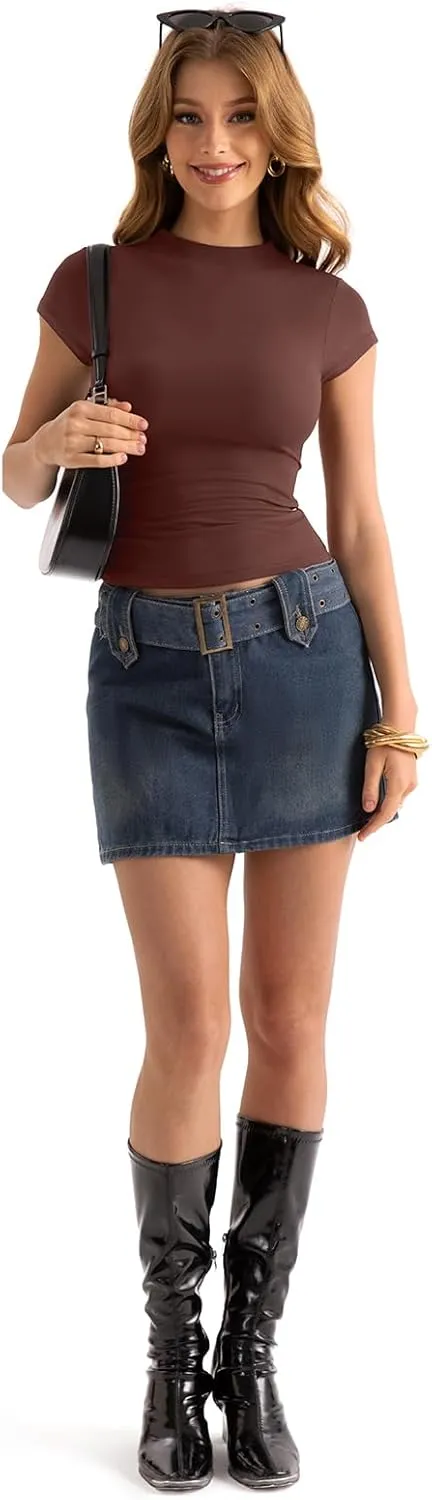 Womens Double Lined Mock Turtle Neck Tops Slim Fitted Cap Sleeve Shirts Going Out Tees Y2k Summer Clothes 2025