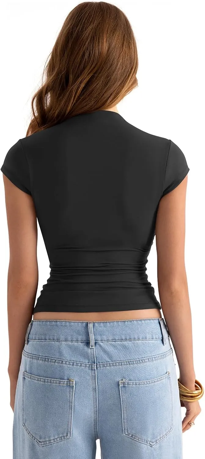 Womens Double Lined Mock Turtle Neck Tops Slim Fitted Cap Sleeve Shirts Going Out Tees Y2k Summer Clothes 2025