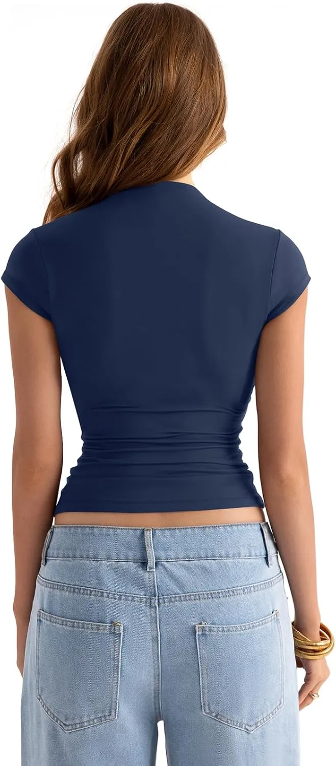 Womens Double Lined Mock Turtle Neck Tops Slim Fitted Cap Sleeve Shirts Going Out Tees Y2k Summer Clothes 2025