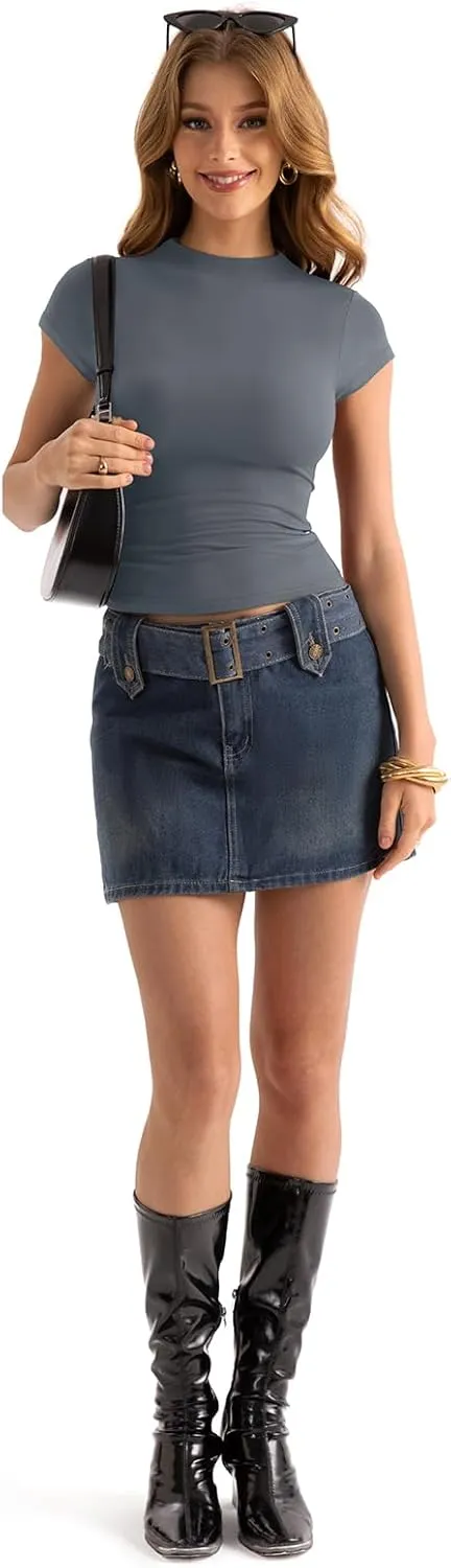 Womens Double Lined Mock Turtle Neck Tops Slim Fitted Cap Sleeve Shirts Going Out Tees Y2k Summer Clothes 2025