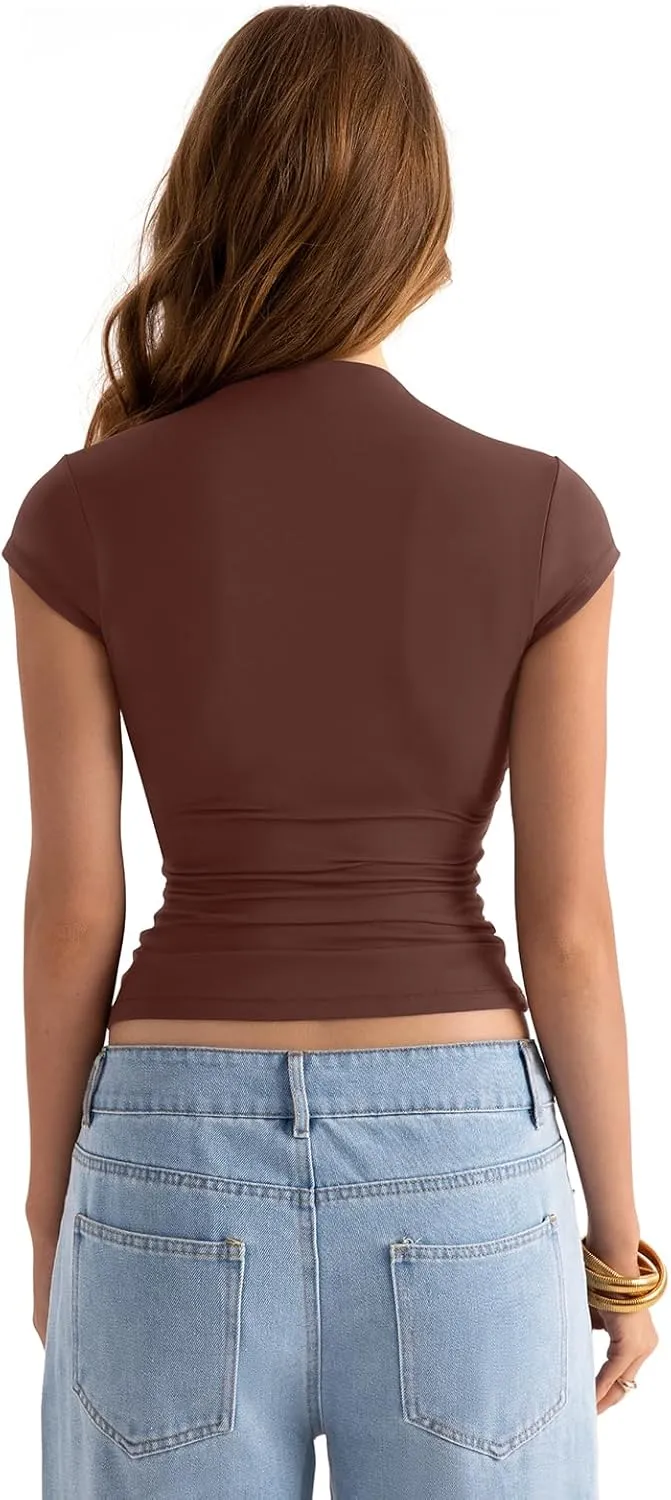 Womens Double Lined Mock Turtle Neck Tops Slim Fitted Cap Sleeve Shirts Going Out Tees Y2k Summer Clothes 2025