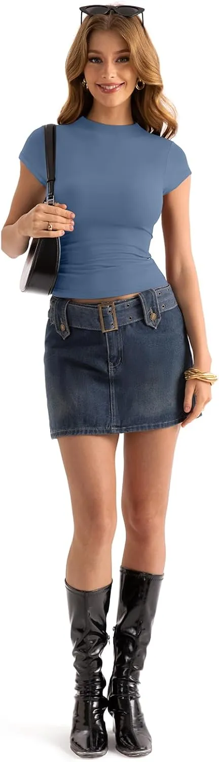 Womens Double Lined Mock Turtle Neck Tops Slim Fitted Cap Sleeve Shirts Going Out Tees Y2k Summer Clothes 2025