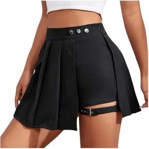 Women's Elastic High Waisted Button Skort with Shorts Leg Ring Belt Pleated Asymmetrical Skirt Casual Flared Basic Skirt