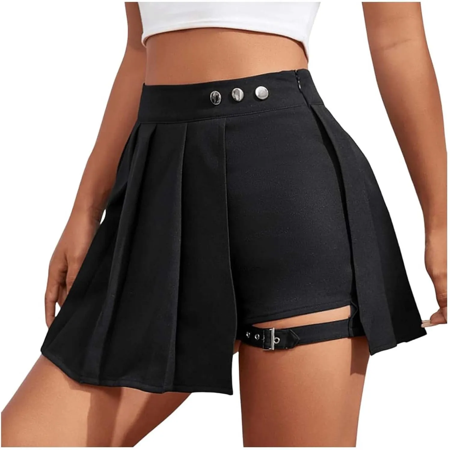 Women's Elastic High Waisted Button Skort with Shorts Leg Ring Belt Pleated Asymmetrical Skirt Casual Flared Basic Skirt