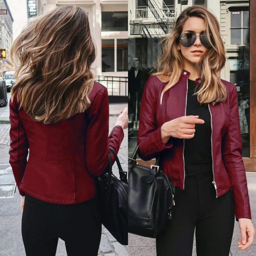 Womens Faux Leather Jacket 2024 Fashion Fall Clothes Zip Up Cropped Jackets Lightweight Motorcycle Biker Jackets