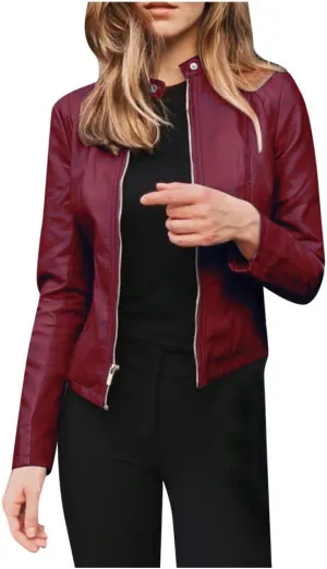 Womens Faux Leather Jacket 2024 Fashion Fall Clothes Zip Up Cropped Jackets Lightweight Motorcycle Biker Jackets
