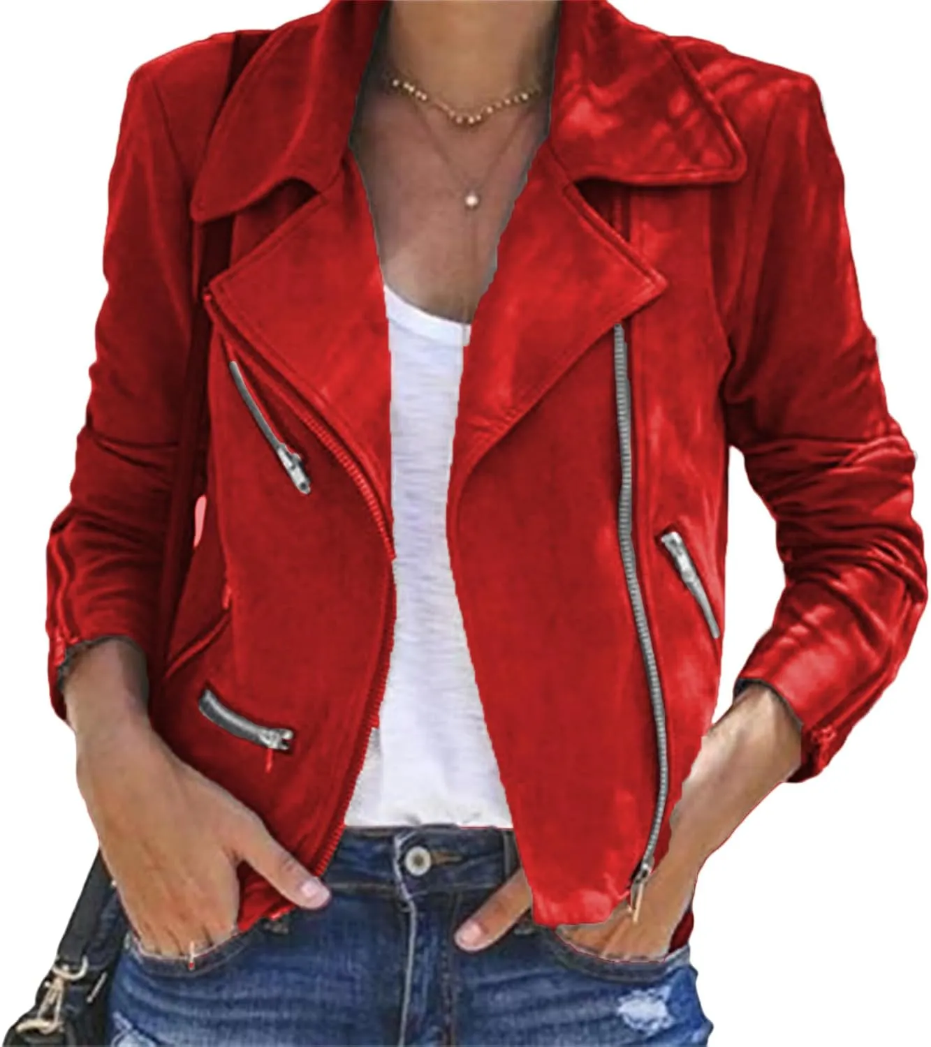 Women's Faux Suede Leather Jackets Casual Slim Fit Motorcycle Jackets Zipper Long Sleeve Cropped Coat with Pockets