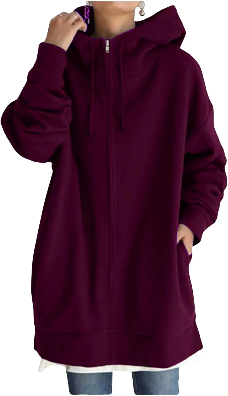 Womens Full Zip Hoodie Oversized Long Sleeve Fleece Sweatshirt Jacket Casual Loose Long Hoodies Winter Outfits