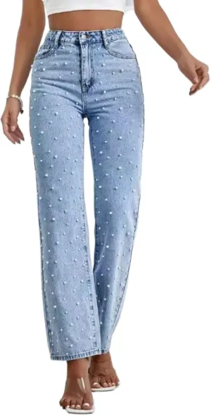 Women's high Waist Pearl Jeans Irregular Loose Straight Casual Jeans