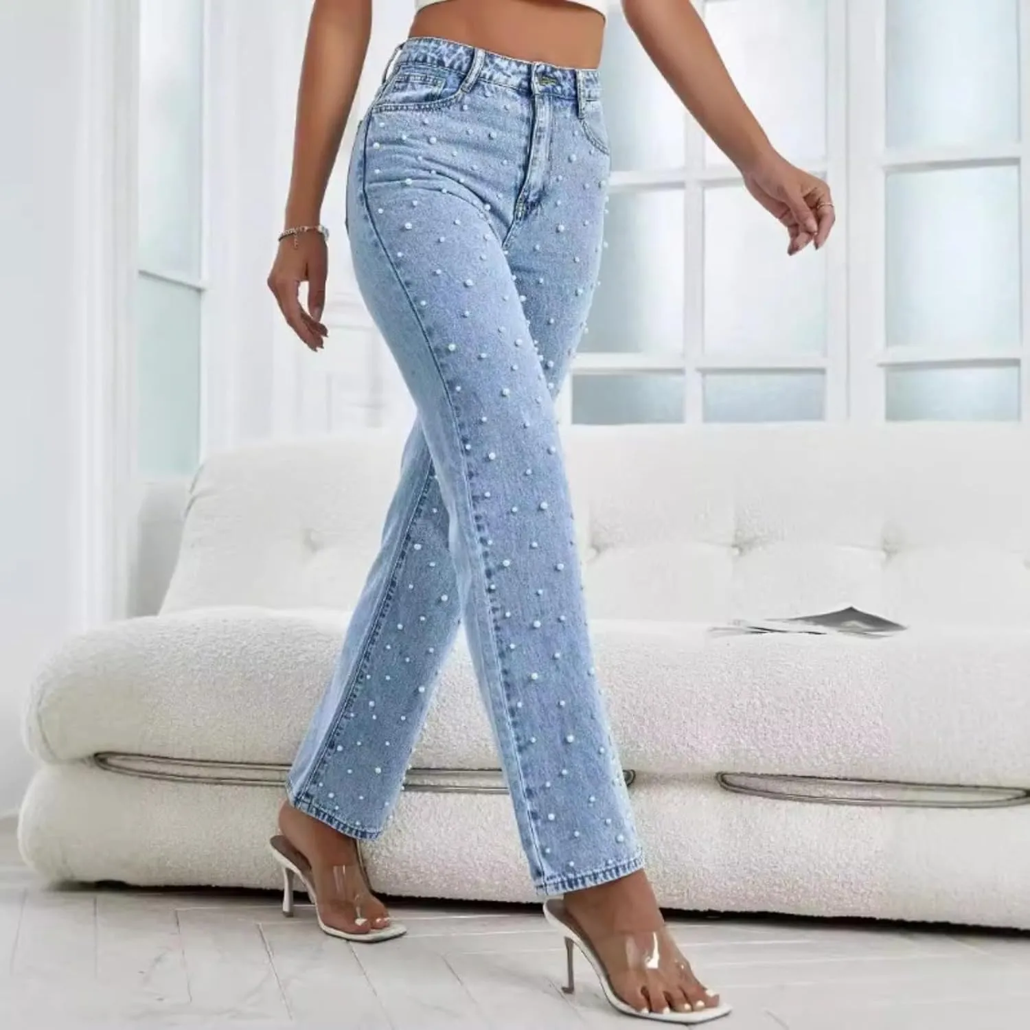 Women's high Waist Pearl Jeans Irregular Loose Straight Casual Jeans