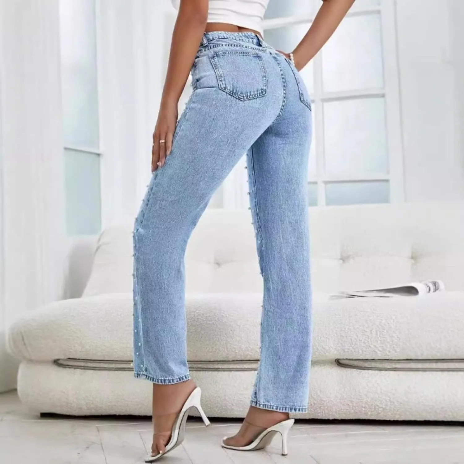 Women's high Waist Pearl Jeans Irregular Loose Straight Casual Jeans